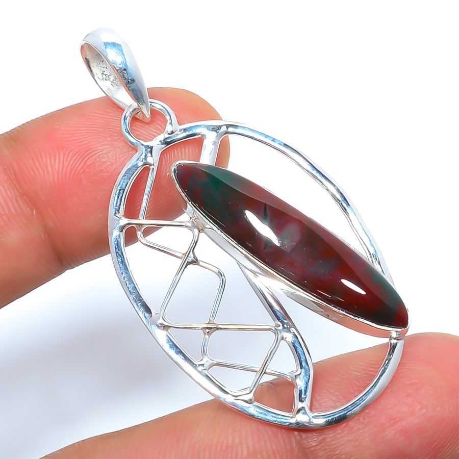 Bloodstone 925 Sterling Silver Pendant, Handmade Pendant, Marquise Pendant, Green Pendant, Unique Silver Pendant, Fine Pendant, Silver Jewelry Pendant