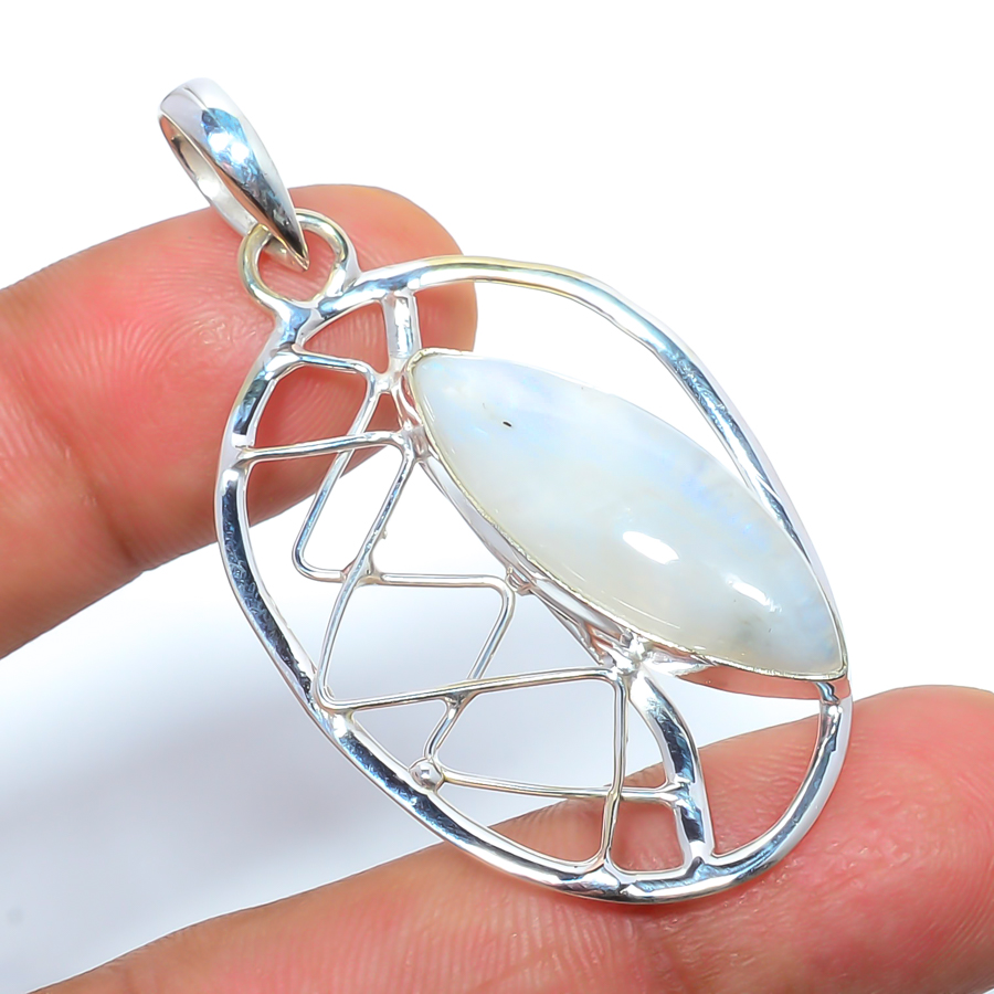 Rainbow Moonstone 925 Sterling Silver Pendant, Handmade Pendant, Marquise Pendant, White Pendant, Unique Silver Pendant, Fine Pendant, Silver Jewelry Pendant