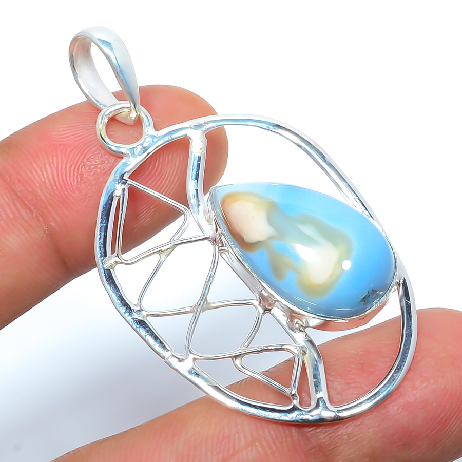 Owyhee Blue Opal 925 Sterling Silver Pendant, Handmade Pendant, Pear Pendant, Blue Pendant, Unique Silver Pendant, Fine Pendant, Silver Jewelry Pendant
