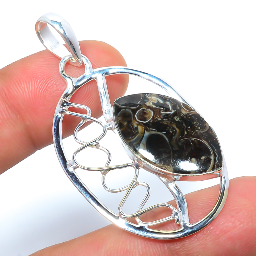 Turritella Fossil Agate 925 Sterling Silver Pendant, Handmade Pendant, Marquise Pendant, Brown Pendant, Unique Silver Pendant, Fine Pendant, Silver Jewelry Pendant