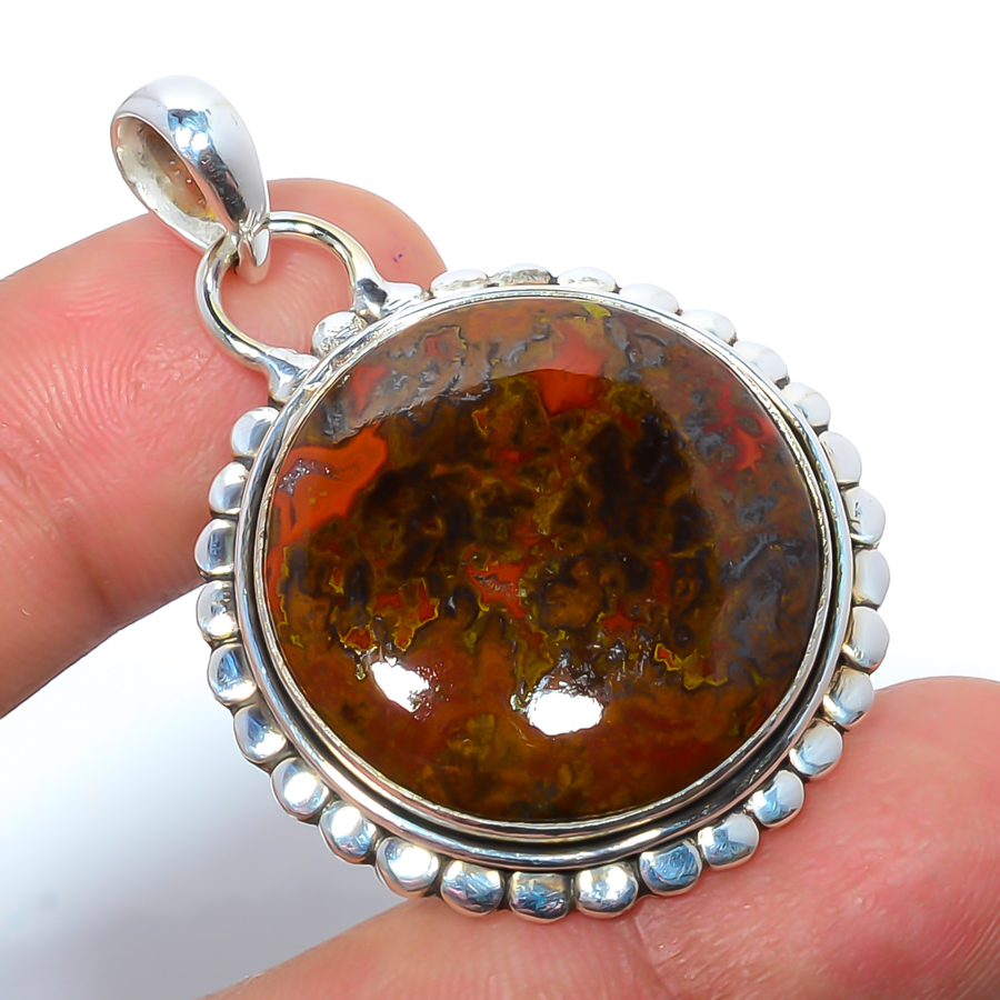 Teepee Canyon Agate 925 Sterling Silver Pendant, Handmade Pendant, Round Pendant, Red Pendant, Unique Silver Pendant, Fine Pendant, Silver Jewelry Pendant