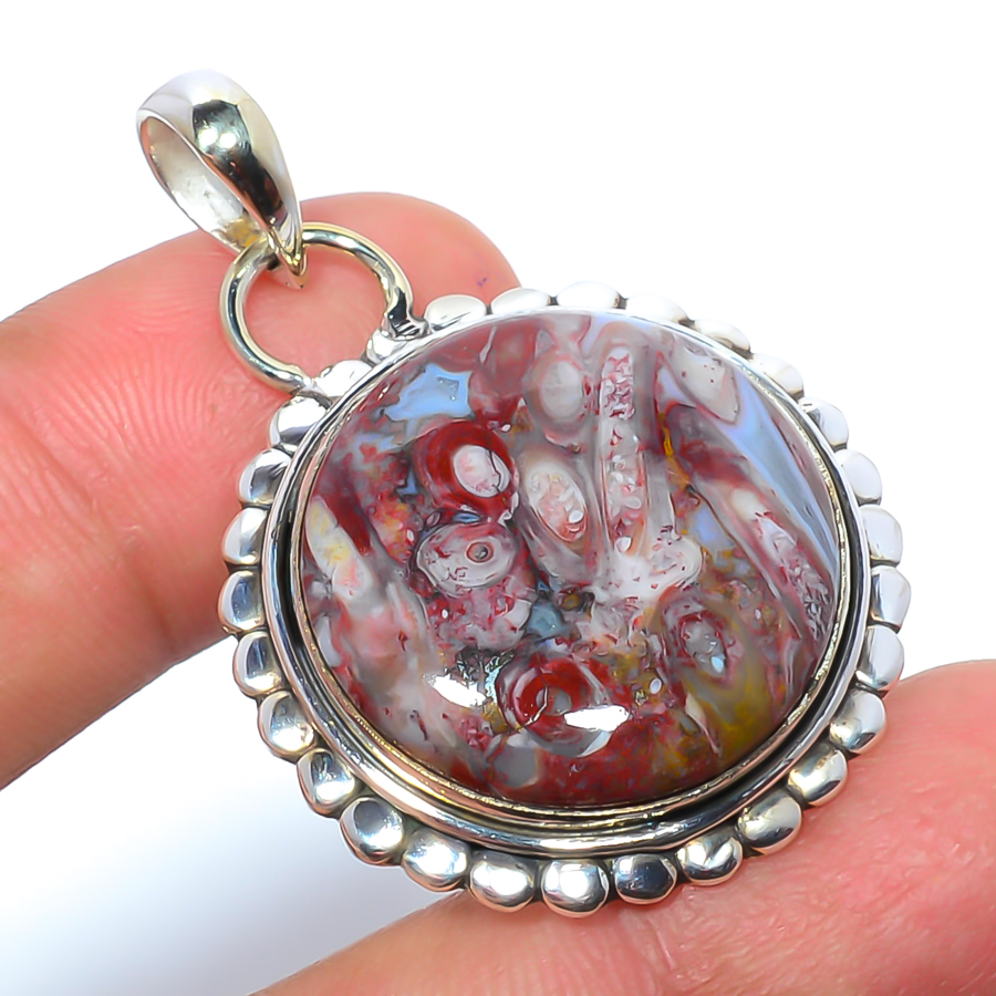 Brecciated Jasper 925 Sterling Silver Pendant, Handmade Pendant, Round Pendant, Red Pendant, Unique Silver Pendant, Fine Pendant, Silver Jewelry Pendant