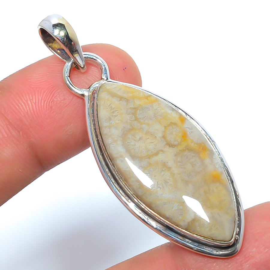 Fossil Coral 925 Sterling Silver Pendant, Handmade Pendant, Marquise Pendant, Yellow Pendant, Unique Silver Pendant, Fine Pendant, Silver Jewelry Pendant