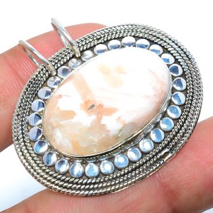 Scolecite 925 Sterling Silver Pendant, Handmade Pendant, Oval Pendant, Orange Pendant, Unique Silver Pendant, Fine Pendant, Silver Jewelry Pendant