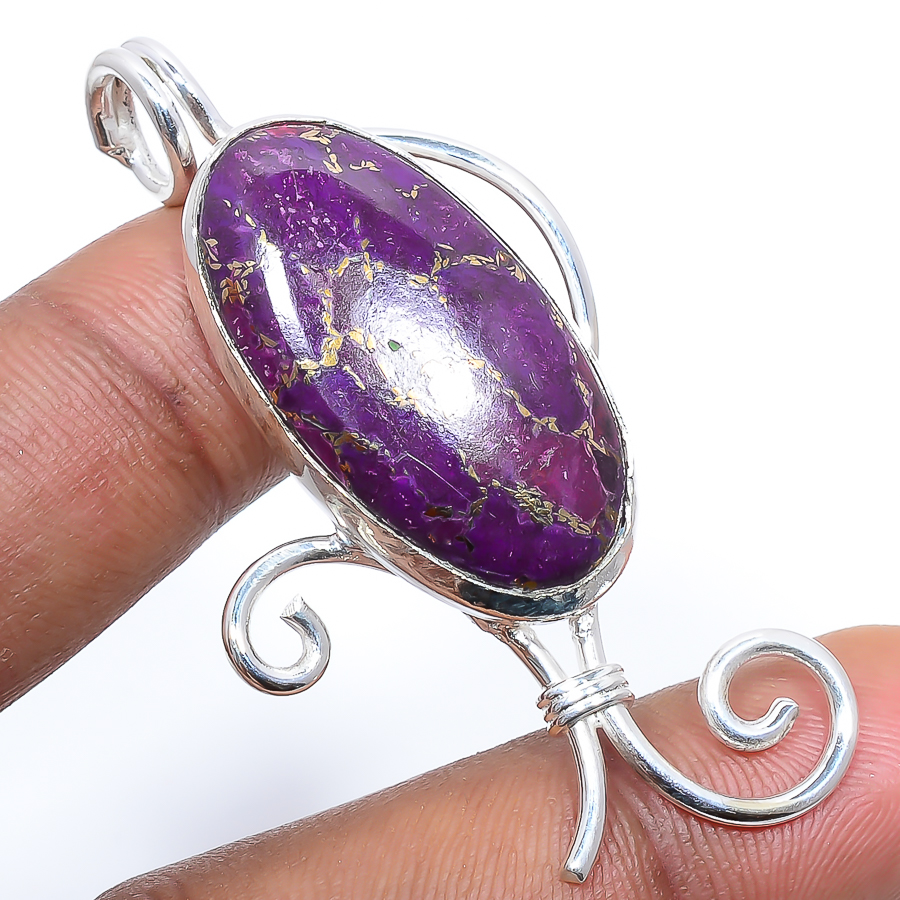 Copper Purple Turquoise 925 Sterling Silver Pendant, Handmade Pendant, Oval Pendant, Purple Pendant, Unique Silver Pendant, Fine Pendant, Silver Jewelry Pendant