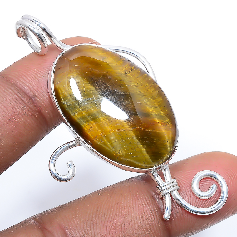 Yellow Tigers Eye Silver 2.34" T82, Handmade Pendant, Oval Pendant, Yellow Pendant, Unique Silver Pendant, Fine Pendant, Silver Jewelry Pendant