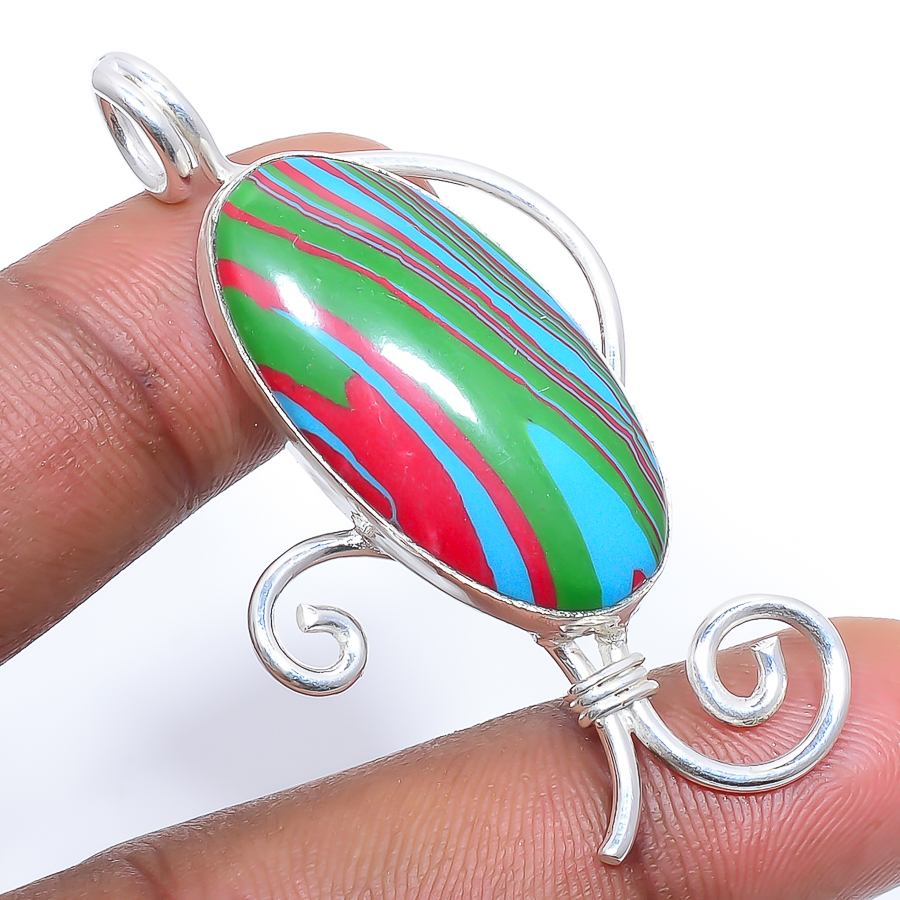 Rainbow Calsilica 925 Sterling Silver Pendant, Handmade Pendant, Oval Pendant, Green Pendant, Unique Silver Pendant, Fine Pendant, Silver Jewelry Pendant
