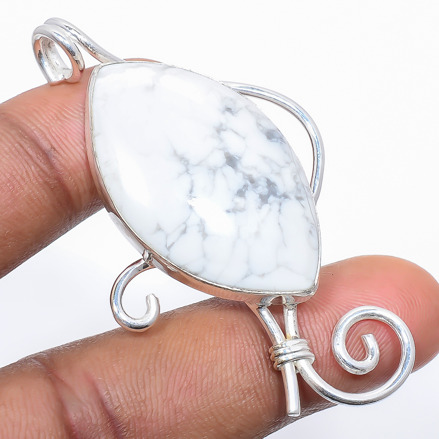 Howlite 925 Sterling Silver Pendant, Handmade Pendant, Marquise Pendant, White Pendant, Unique Silver Pendant, Fine Pendant, Silver Jewelry Pendant