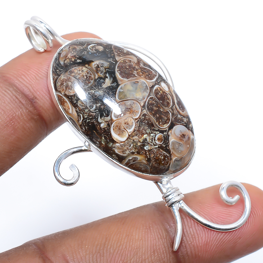 Turritella Fossil Agate 925 Sterling Silver Pendant, Handmade Pendant, Oval Pendant, Brown Pendant, Unique Silver Pendant, Fine Pendant, Silver Jewelry Pendant