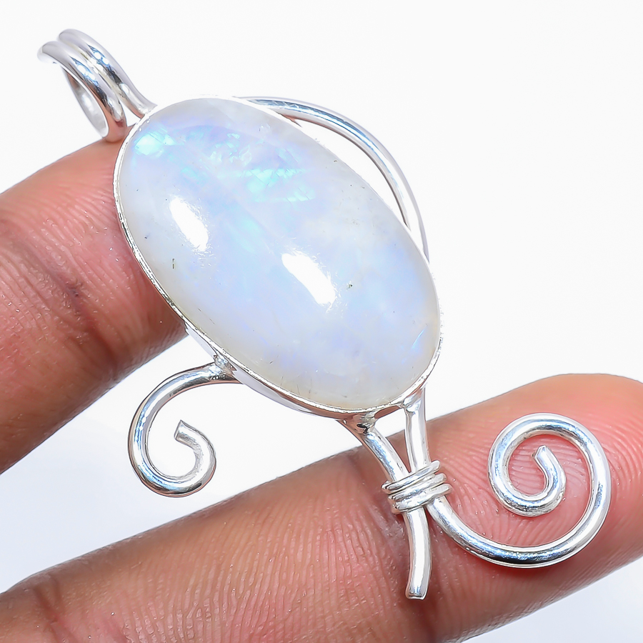 Rainbow Moonstone 925 Sterling Silver Pendant, Handmade Pendant, Oval Pendant, White Pendant, Unique Silver Pendant, Fine Pendant, Silver Jewelry Pendant