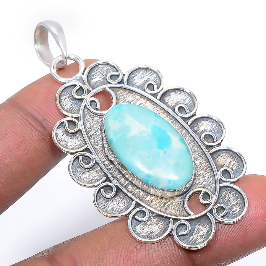 Larimar 925 Sterling Silver Pendant, Handmade Pendant, Oval Pendant, Blue Pendant, Unique Silver Pendant, Fine Pendant, Silver Jewelry Pendant