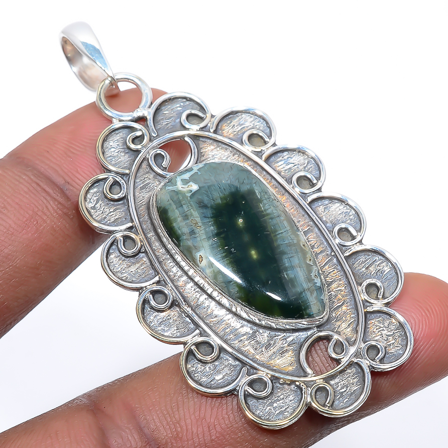 Ocean Jasper 925 Sterling Silver Pendant, Handmade Pendant, Trillion Pendant, Green Pendant, Unique Silver Pendant, Fine Pendant, Silver Jewelry Pendant