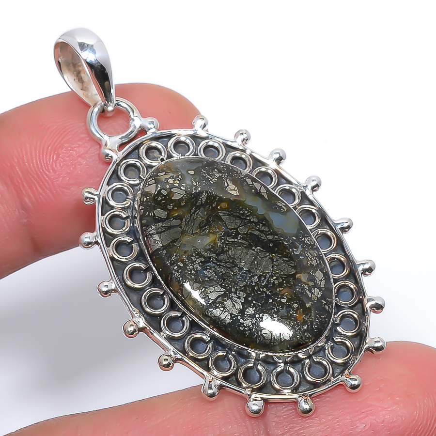 Marcasite 925 Sterling Silver Pendant, Handmade Pendant, Oval Pendant, Black Pendant, Unique Silver Pendant, Fine Pendant, Silver Jewelry Pendant