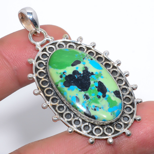 Azurite Malachite 925 Sterling Silver Pendant, Handmade Pendant, Oval Pendant, Green Pendant, Unique Silver Pendant, Fine Pendant, Silver Jewelry Pendant