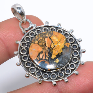 Malingano Jasper 925 Sterling Silver Pendant, Handmade Pendant, Round Pendant, Orange Pendant, Unique Silver Pendant, Fine Pendant, Silver Jewelry Pendant