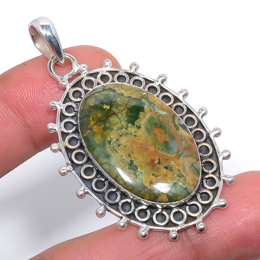 Rainforest Jasper 925 Sterling Silver Pendant, Handmade Pendant, Oval Pendant, Green Pendant, Unique Silver Pendant, Fine Pendant, Silver Jewelry Pendant