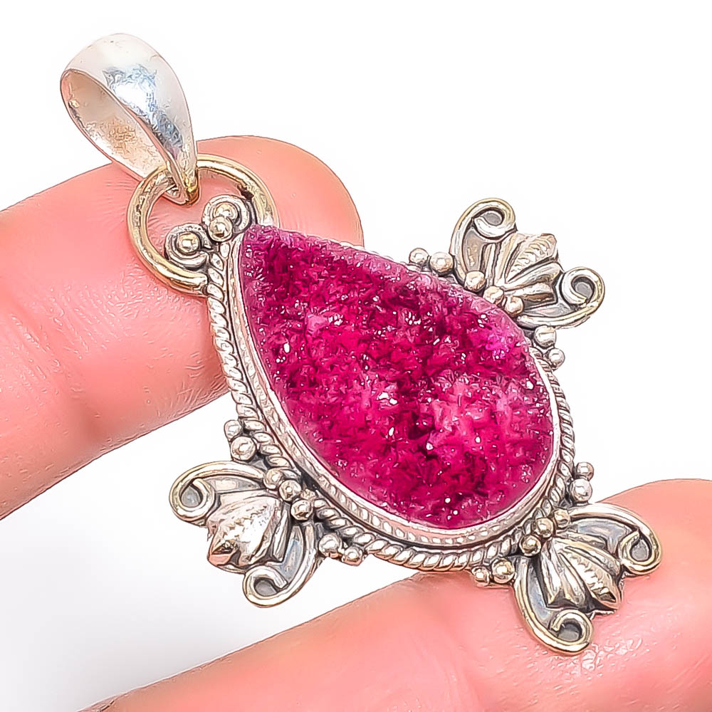 Pink Quartz Drusy 925 Sterling Silver Pendant, Handmade Pendant, Pear Pendant, Pink Pendant, Unique Silver Pendant, Fine Pendant, Silver Jewelry Pendant