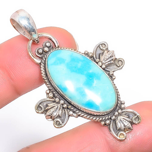 Larimar 925 Sterling Silver Pendant, Handmade Pendant, Oval Pendant, Blue Pendant, Unique Silver Pendant, Fine Pendant, Silver Jewelry Pendant