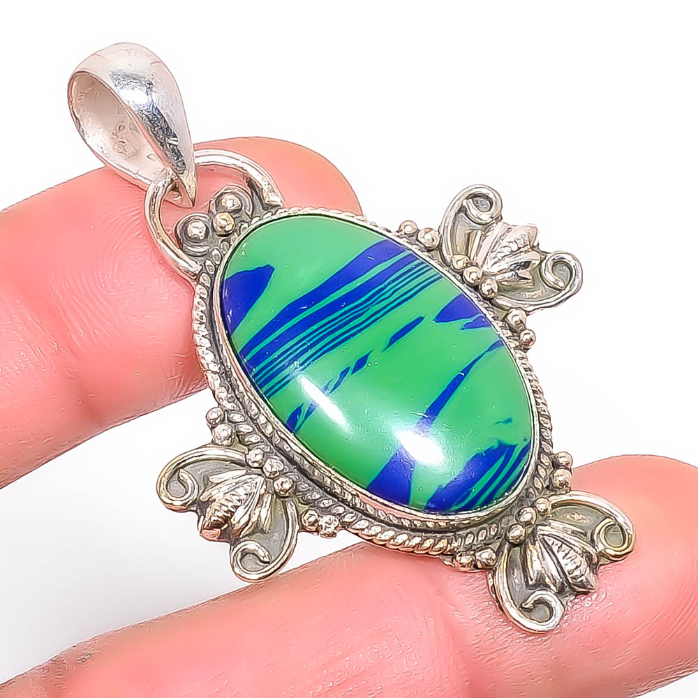 Azurite Malachite 925 Sterling Silver Pendant, Handmade Pendant, Oval Pendant, Green Pendant, Unique Silver Pendant, Fine Pendant, Silver Jewelry Pendant