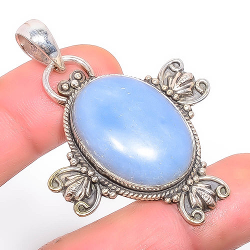 Angelite Jasper 925 Sterling Silver Pendant, Handmade Pendant, Oval Pendant, Blue Pendant, Unique Silver Pendant, Fine Pendant, Silver Jewelry Pendant