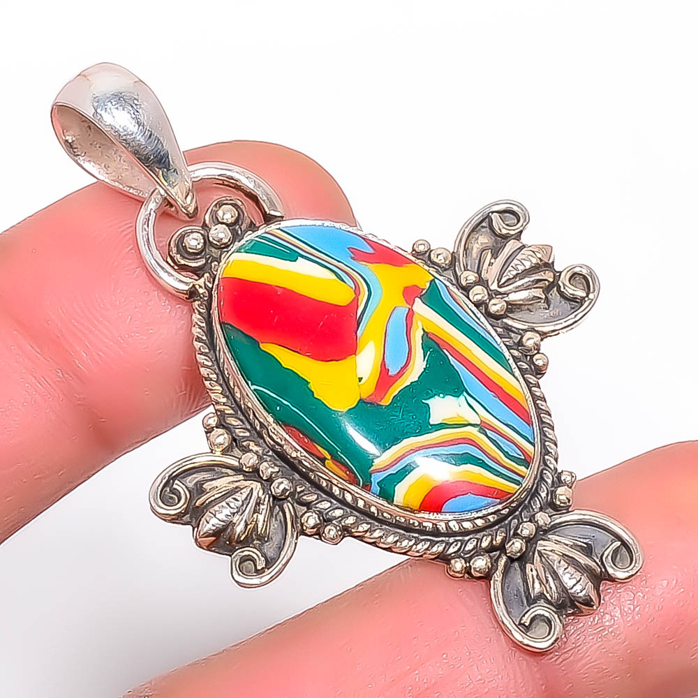 Rainbow Calsilica 925 Sterling Silver Pendant, Handmade Pendant, Oval Pendant, Multi Pendant, Unique Silver Pendant, Fine Pendant, Silver Jewelry Pendant