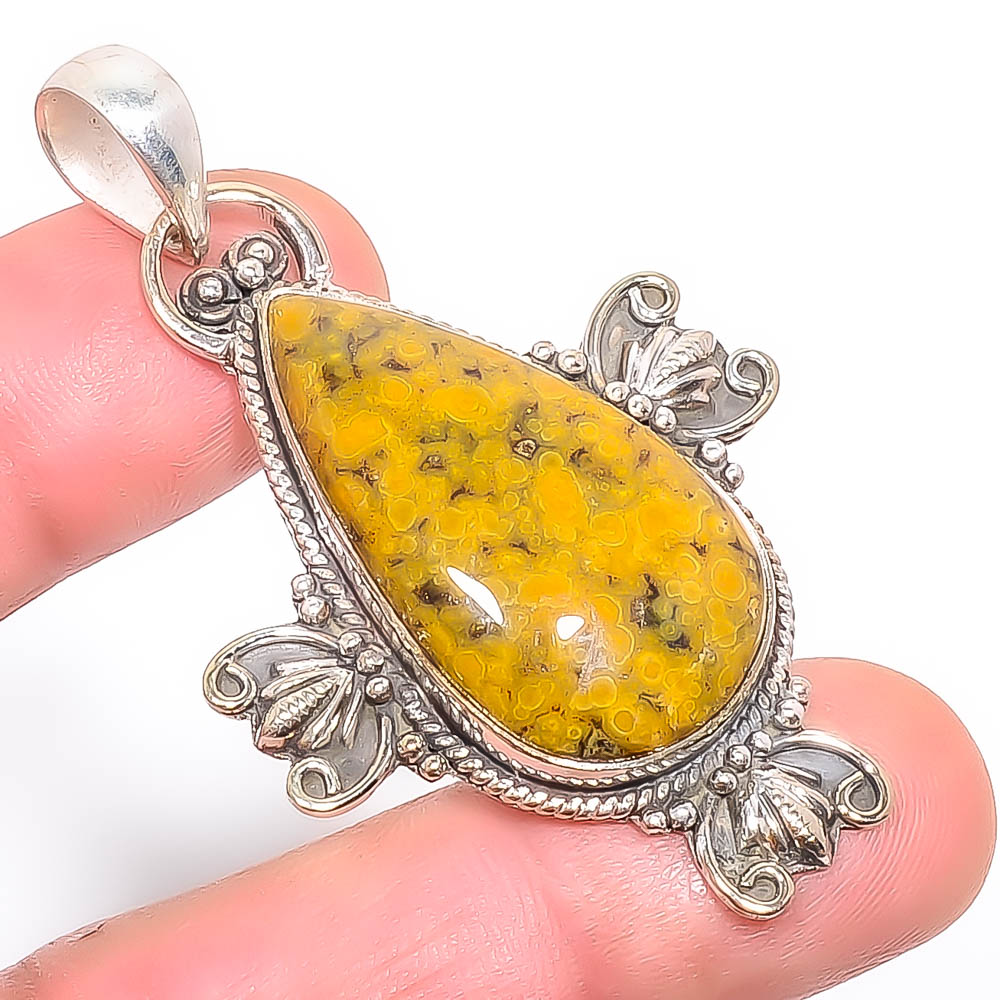 Ocean Jasper 925 Sterling Silver Pendant, Handmade Pendant, Pear Pendant, Yellow Pendant, Unique Silver Pendant, Fine Pendant, Silver Jewelry Pendant