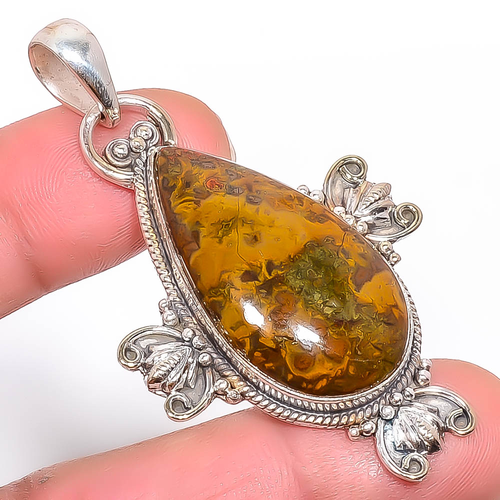 Teepee Canyon Agate 925 Sterling Silver Pendant, Handmade Pendant, Pear Pendant, Yellow Pendant, Unique Silver Pendant, Fine Pendant, Silver Jewelry Pendant