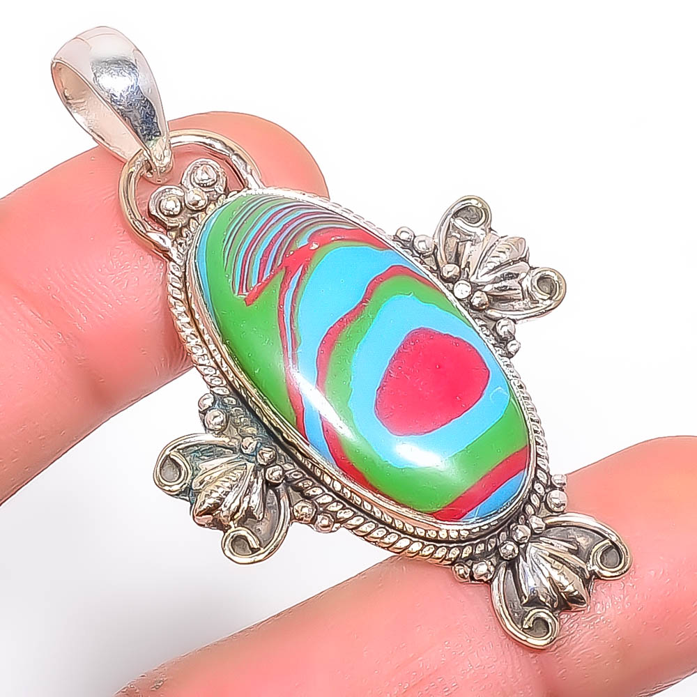 Rainbow Calsilica 925 Sterling Silver Pendant, Handmade Pendant, Oval Pendant, Green Pendant, Unique Silver Pendant, Fine Pendant, Silver Jewelry Pendant
