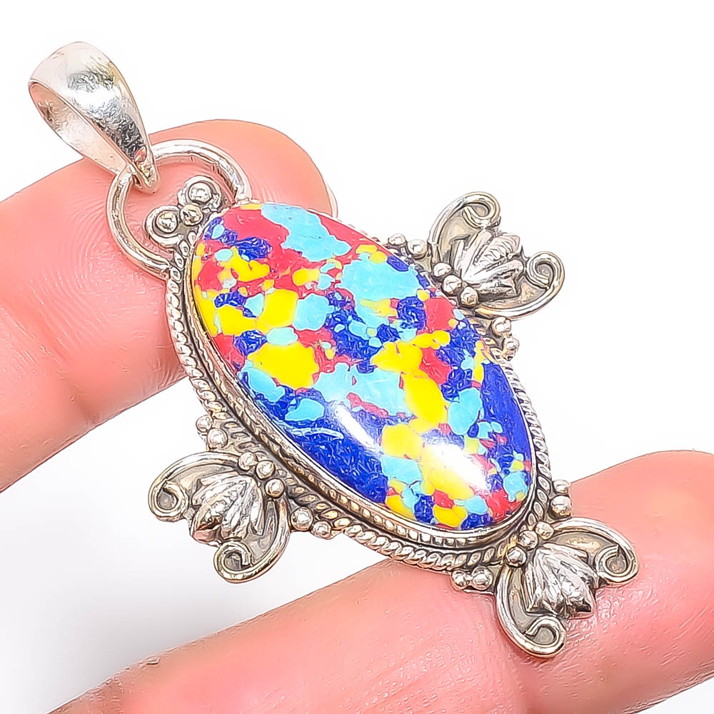 Mosaic Balloon Jasper 925 Sterling Silver Pendant, Handmade Pendant, Oval Pendant, Yellow Pendant, Unique Silver Pendant, Fine Pendant, Silver Jewelry Pendant