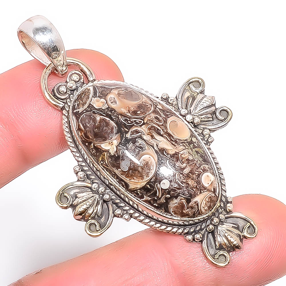 Turritella Fossil Agate 925 Sterling Silver Pendant, Handmade Pendant, Oval Pendant, Brown Pendant, Unique Silver Pendant, Fine Pendant, Silver Jewelry Pendant