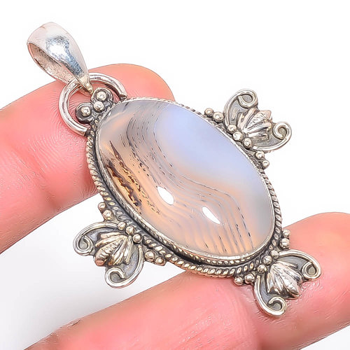 Botswana Agate 925 Sterling Silver Pendant, Handmade Pendant, Oval Pendant, Gray Pendant, Unique Silver Pendant, Fine Pendant, Silver Jewelry Pendant