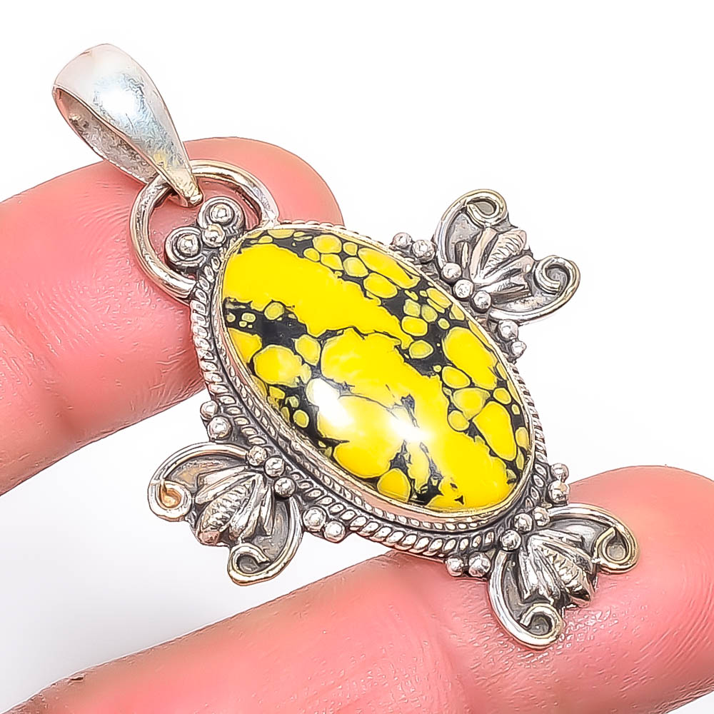 Mosaic Balloon Jasper 925 Sterling Silver Pendant, Handmade Pendant, Oval Pendant, Yellow Pendant, Unique Silver Pendant, Fine Pendant, Silver Jewelry Pendant
