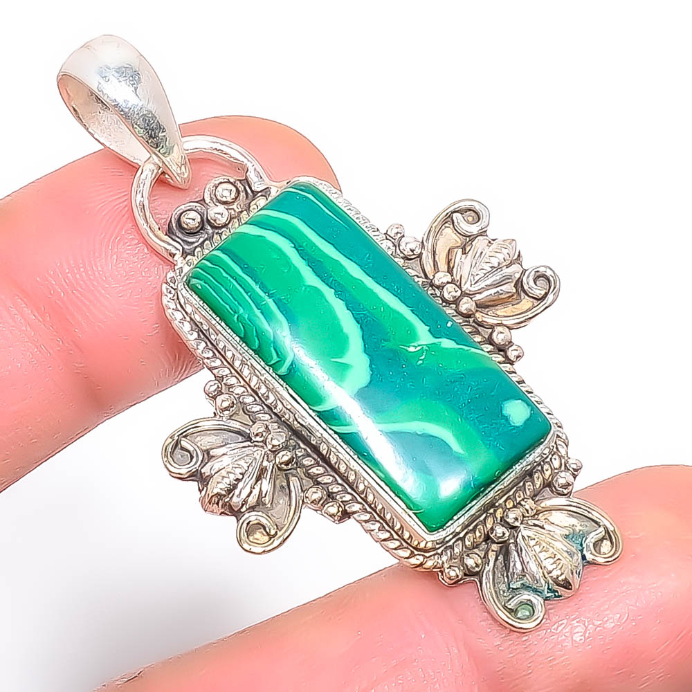Malachite 925 Sterling Silver Pendant, Handmade Pendant, Baguette Pendant, Green Pendant, Unique Silver Pendant, Fine Pendant, Silver Jewelry Pendant