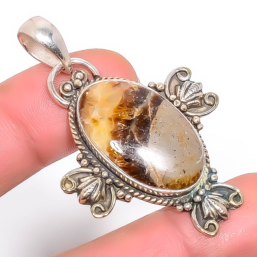 Septerian Stone 925 Sterling Silver Pendant, Handmade Pendant, Oval Pendant, Brown Pendant, Unique Silver Pendant, Fine Pendant, Silver Jewelry Pendant