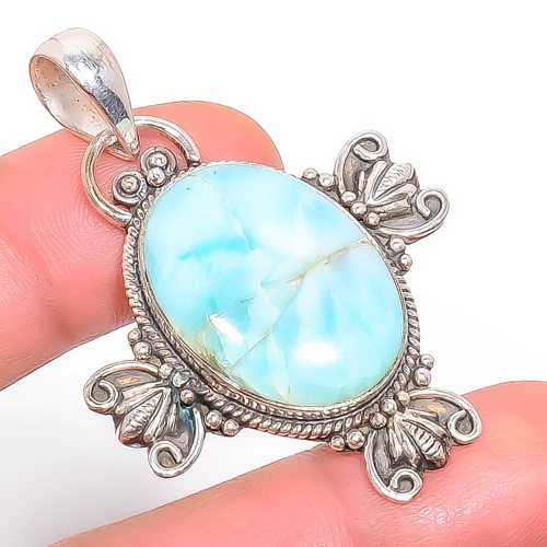Larimar 925 Sterling Silver Pendant, Handmade Pendant, Oval Pendant, Blue Pendant, Unique Silver Pendant, Fine Pendant, Silver Jewelry Pendant