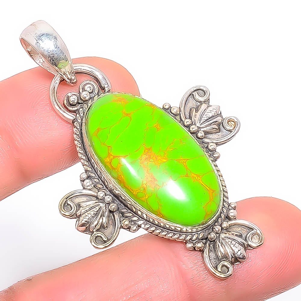 Copper Green Turquoise 925 Sterling Silver Pendant, Handmade Pendant, Oval Pendant, Green Pendant, Unique Silver Pendant, Fine Pendant, Silver Jewelry Pendant