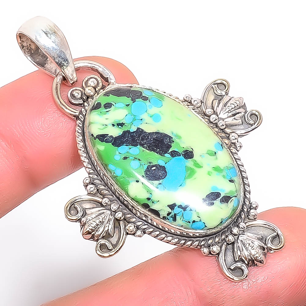 Azurite Malachite 925 Sterling Silver Pendant, Handmade Pendant, Oval Pendant, Green Pendant, Unique Silver Pendant, Fine Pendant, Silver Jewelry Pendant