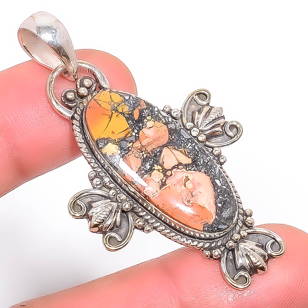 Malingano Jasper 925 Sterling Silver Pendant, Handmade Pendant, Marquise Pendant, Orange Pendant, Unique Silver Pendant, Fine Pendant, Silver Jewelry Pendant