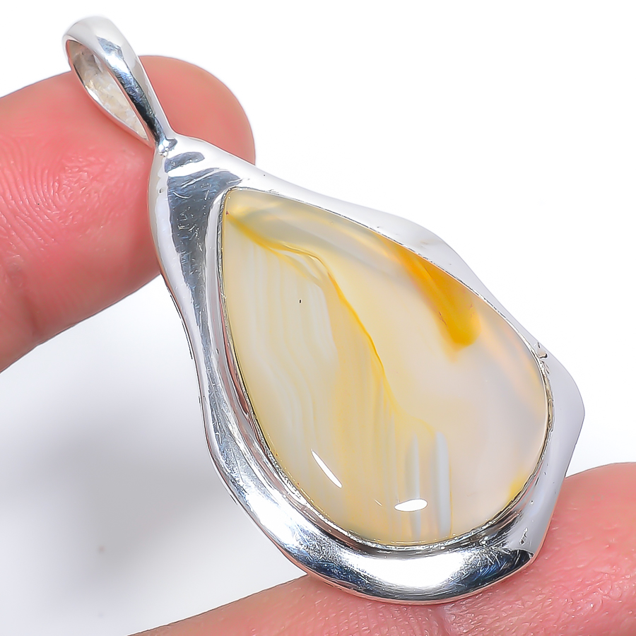 Yellow Banded Agate 925 Sterling Silver Pendant, Handmade Pendant, Pear Pendant, Yellow Pendant, Unique Silver Pendant, Fine Pendant, Silver Jewelry Pendant