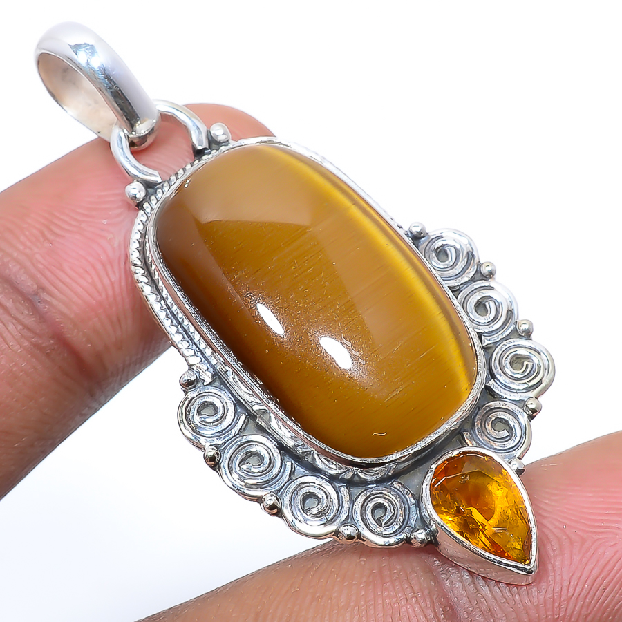 Yellow Tiger Eye & Citrine 925 Sterling Silver Pendant, Handmade Pendant, Cushion Pendant, Yellow Pendant, Unique Silver Pendant, Fine Pendant, Silver Jewelry Pendant