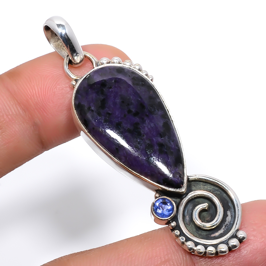 Charoite & Iolite 925 Sterling Silver Pendant, Handmade Pendant, Pear Pendant, Purple Pendant, Unique Silver Pendant, Fine Pendant, Silver Jewelry Pendant