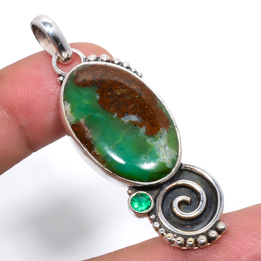Boulder Chrysoprase & Emerald 925 Sterling Silver Pendant, Handmade Pendant, Oval Pendant, Green Pendant, Unique Silver Pendant, Fine Pendant, Silver Jewelry Pendant