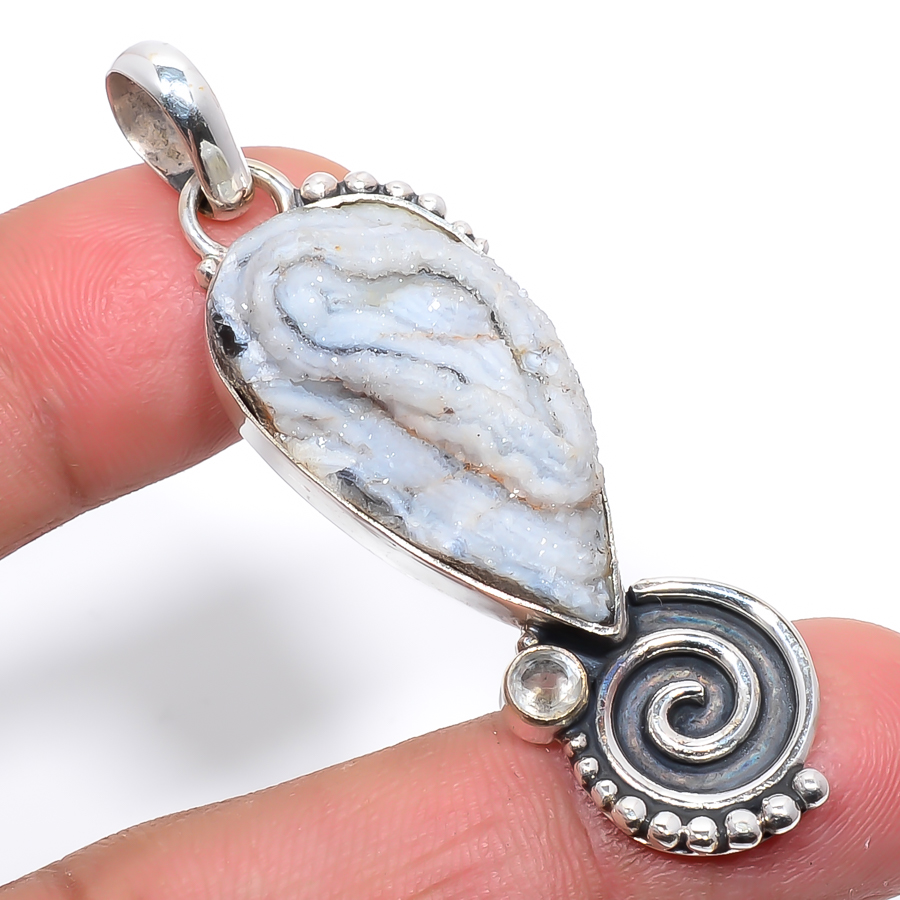 Desert Rose Drusy & White Topaz 925 Sterling Silver Pendant, Handmade Pendant, Pear Pendant, Silver Pendant, Unique Silver Pendant, Fine Pendant, Silver Jewelry Pendant