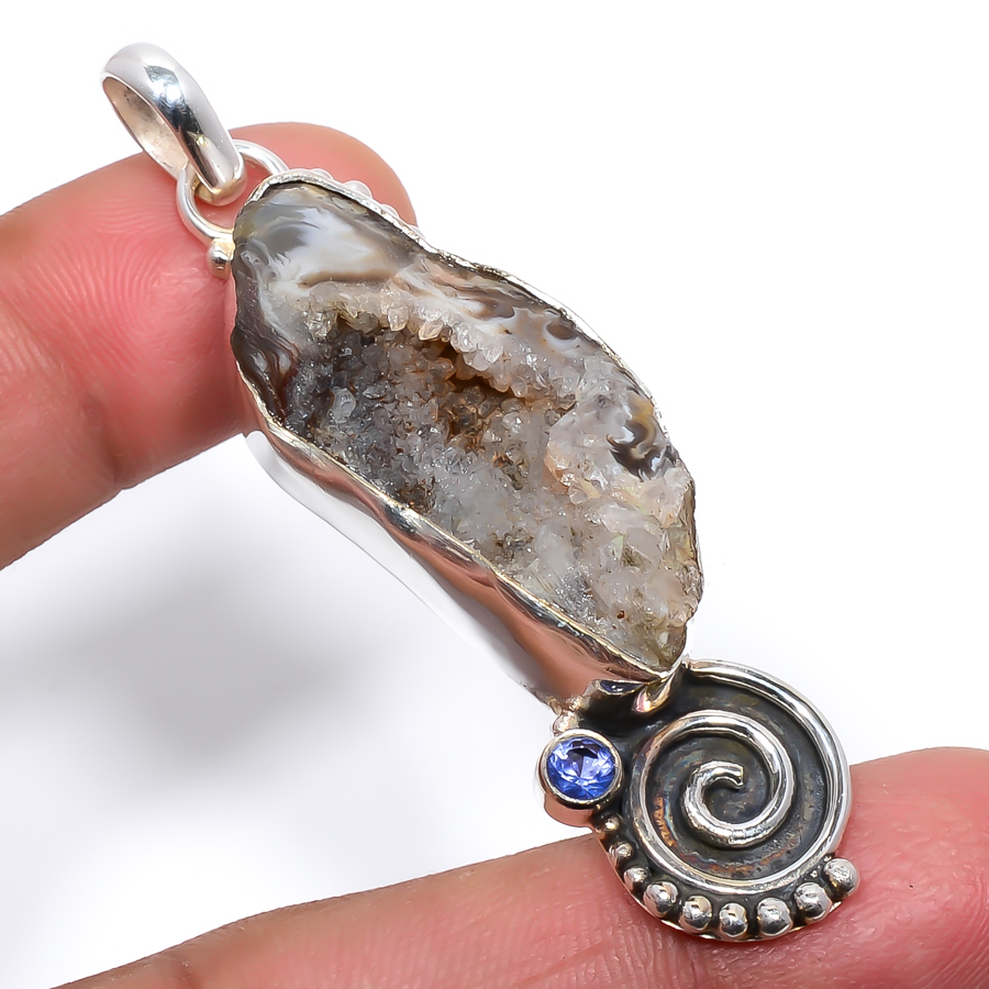 Desert Rose Drusy & Tanzanite 925 Sterling Silver Pendant, Handmade Pendant, Fancy Pendant, Brown Pendant, Unique Silver Pendant, Fine Pendant, Silver Jewelry Pendant