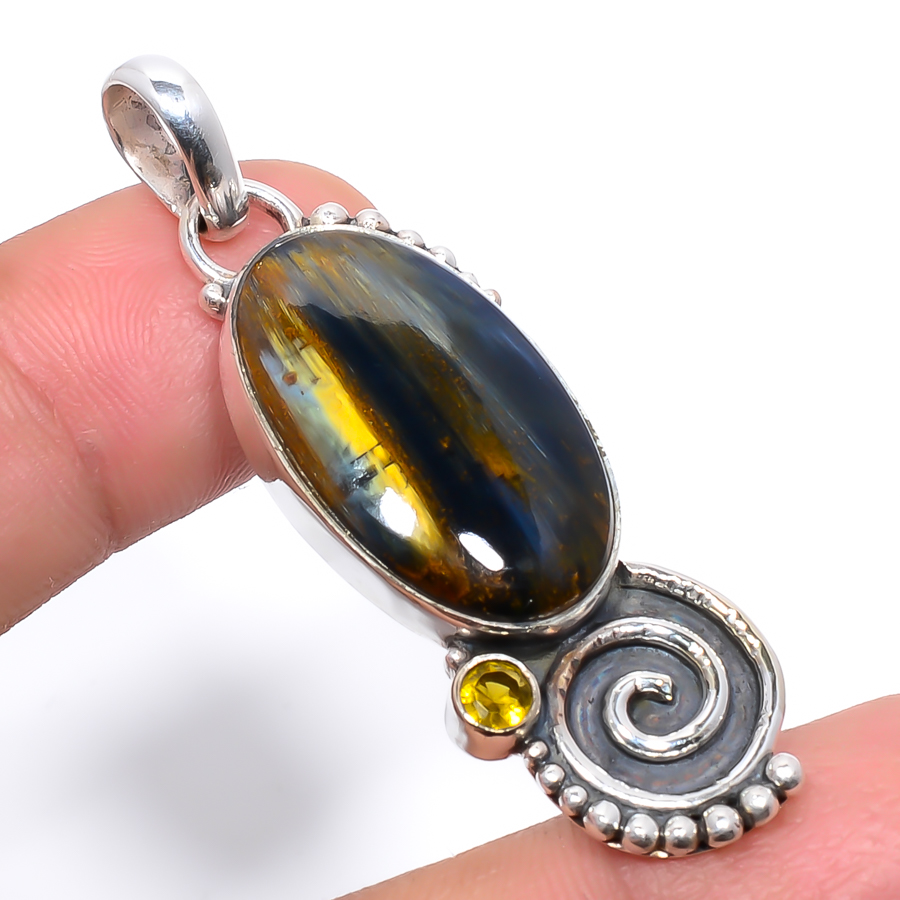 Marra Mamba Jasper & Citrine 925 Sterling Silver Pendant, Handmade Pendant, Oval Pendant, Blue Pendant, Unique Silver Pendant, Fine Pendant, Silver Jewelry Pendant