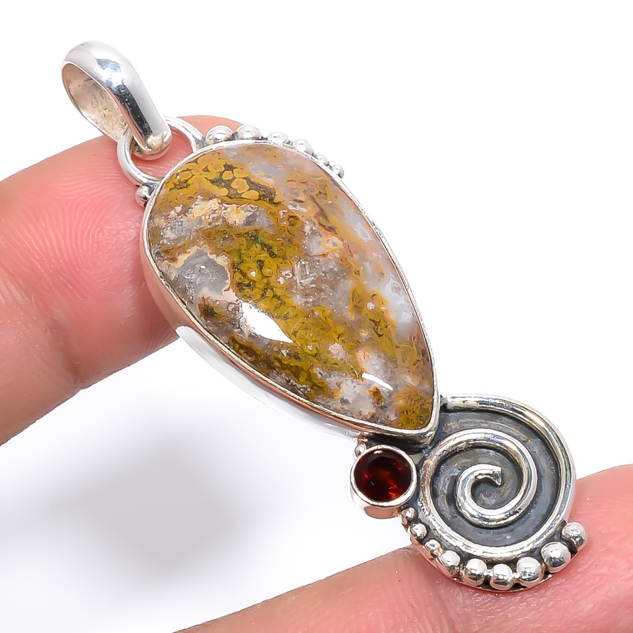 Ocean Jasper & Garnet 925 Sterling Silver Pendant, Handmade Pendant, Pear Pendant, Green Pendant, Unique Silver Pendant, Fine Pendant, Silver Jewelry Pendant