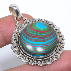 Rainbow Calsilica 925 Sterling Silver Pendant, Handmade Pendant, Round Pendant, Blue Pendant, Unique Silver Pendant, Fine Pendant, Silver Jewelry Pendant