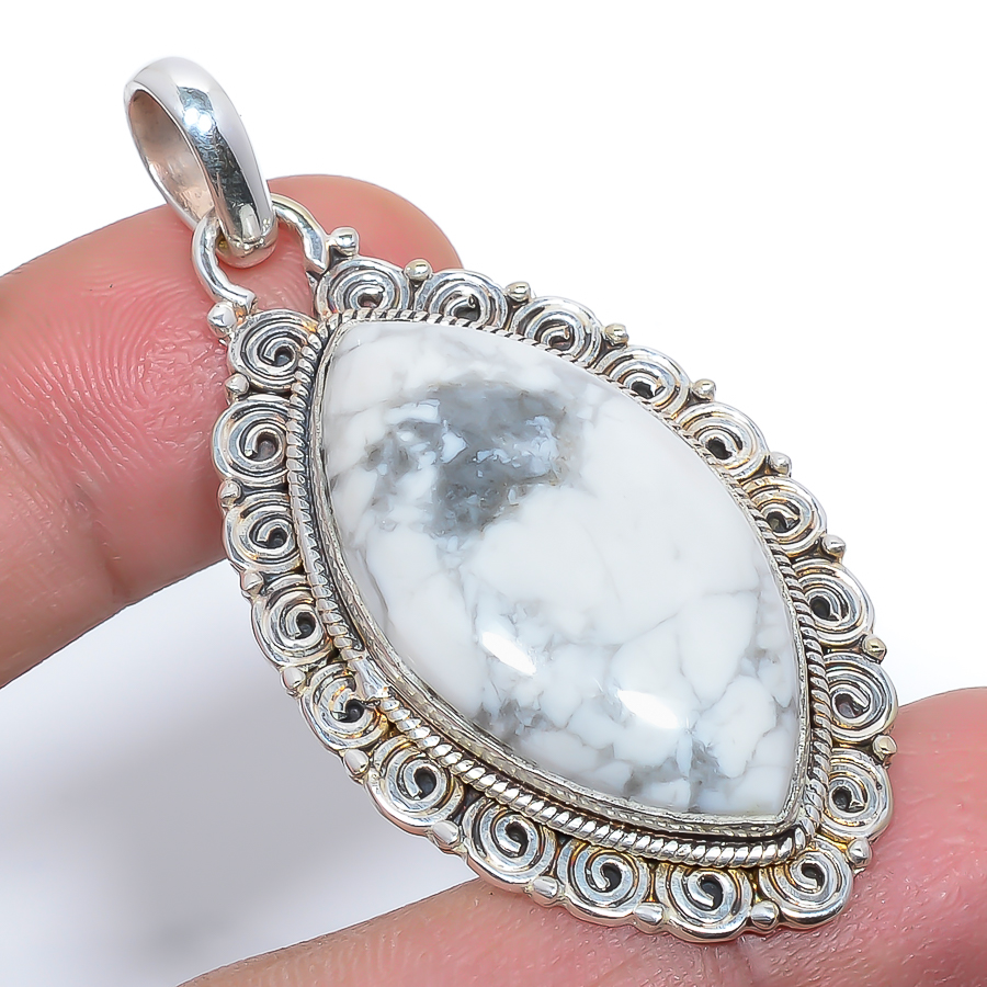 Howlite 925 Sterling Silver Pendant, Handmade Pendant, Marquise Pendant, White Pendant, Unique Silver Pendant, Fine Pendant, Silver Jewelry Pendant