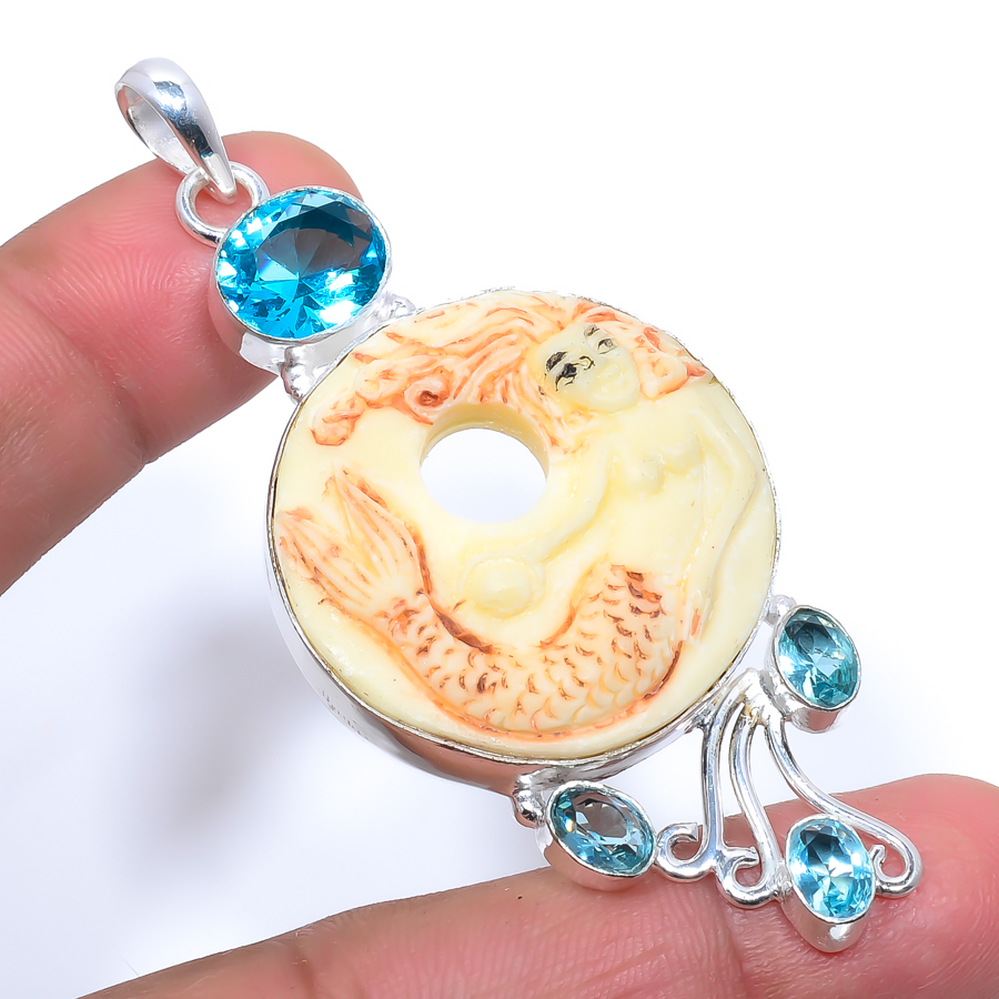 Mermaid Clay & Blue Topaz 925 Sterling Silver Pendant, Handmade Pendant, Round Pendant, Yellow Pendant, Unique Silver Pendant, Fine Pendant, Silver Jewelry Pendant