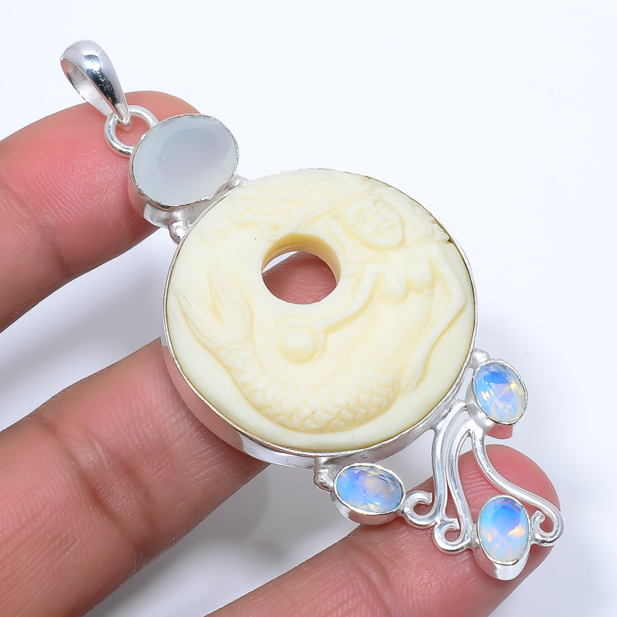 Mermaid Clay & Rose Quartz 925 Sterling Silver Pendant, Handmade Pendant, Round Pendant, Yellow Pendant, Unique Silver Pendant, Fine Pendant, Silver Jewelry Pendant